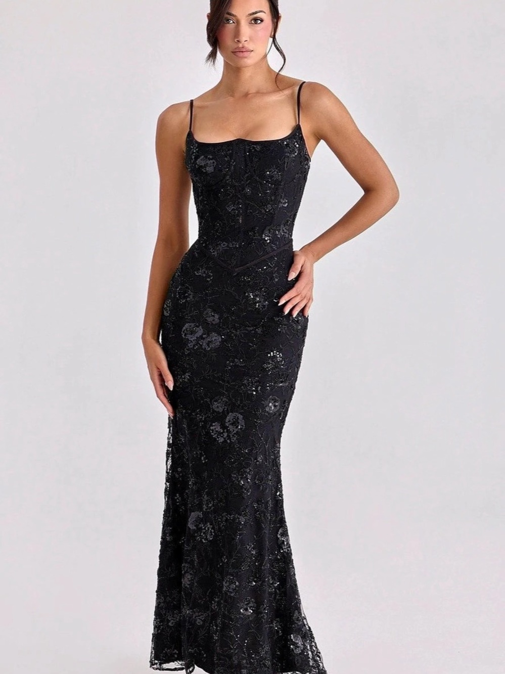 House of CB NAIMA Black Hand Beaded Embellished Corset Maxi Dress